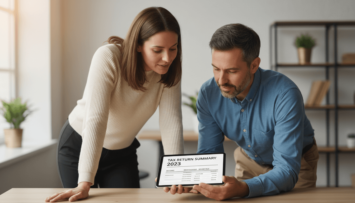 Two people reviewing and discussing tax return on tablet together