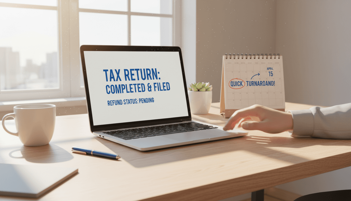 Desk workspace with a laptop displaying a completed tax return status screen