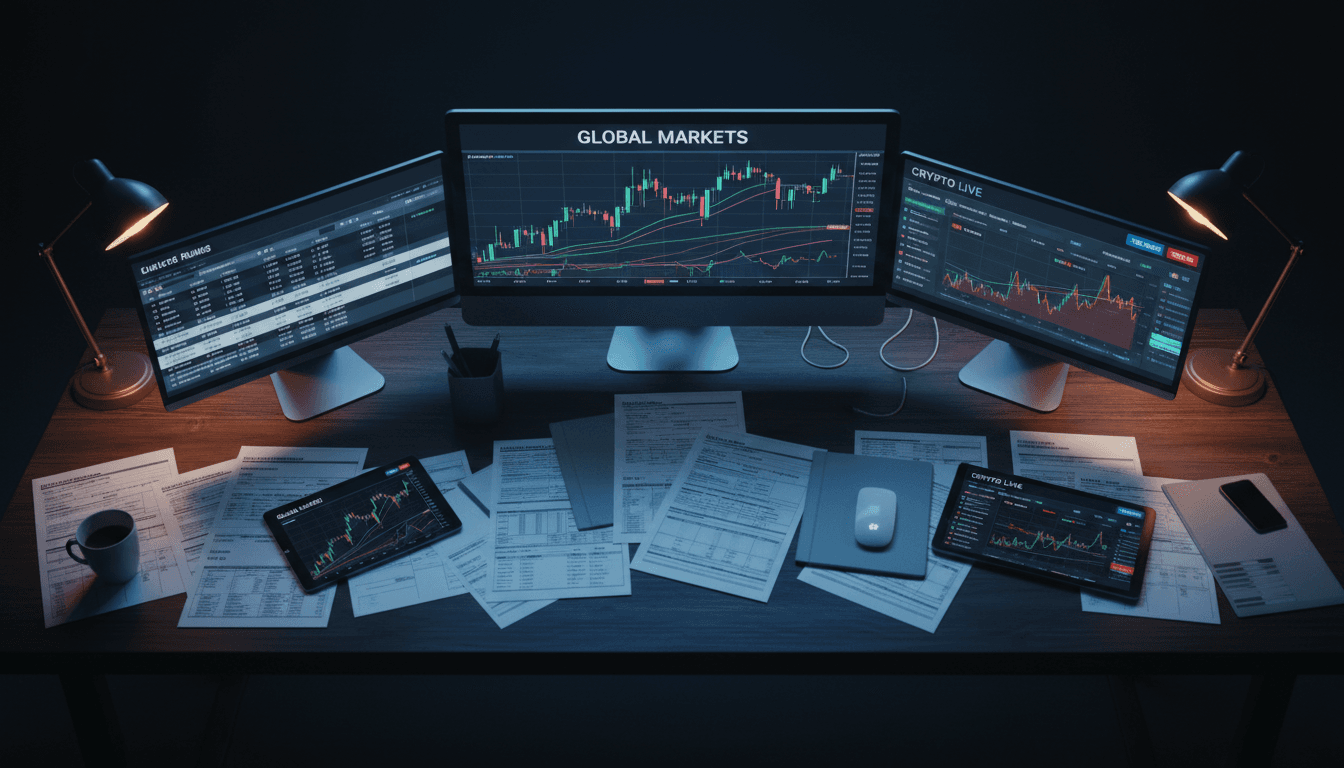 Overhead view of multiple trading types and tax documents spread across desk