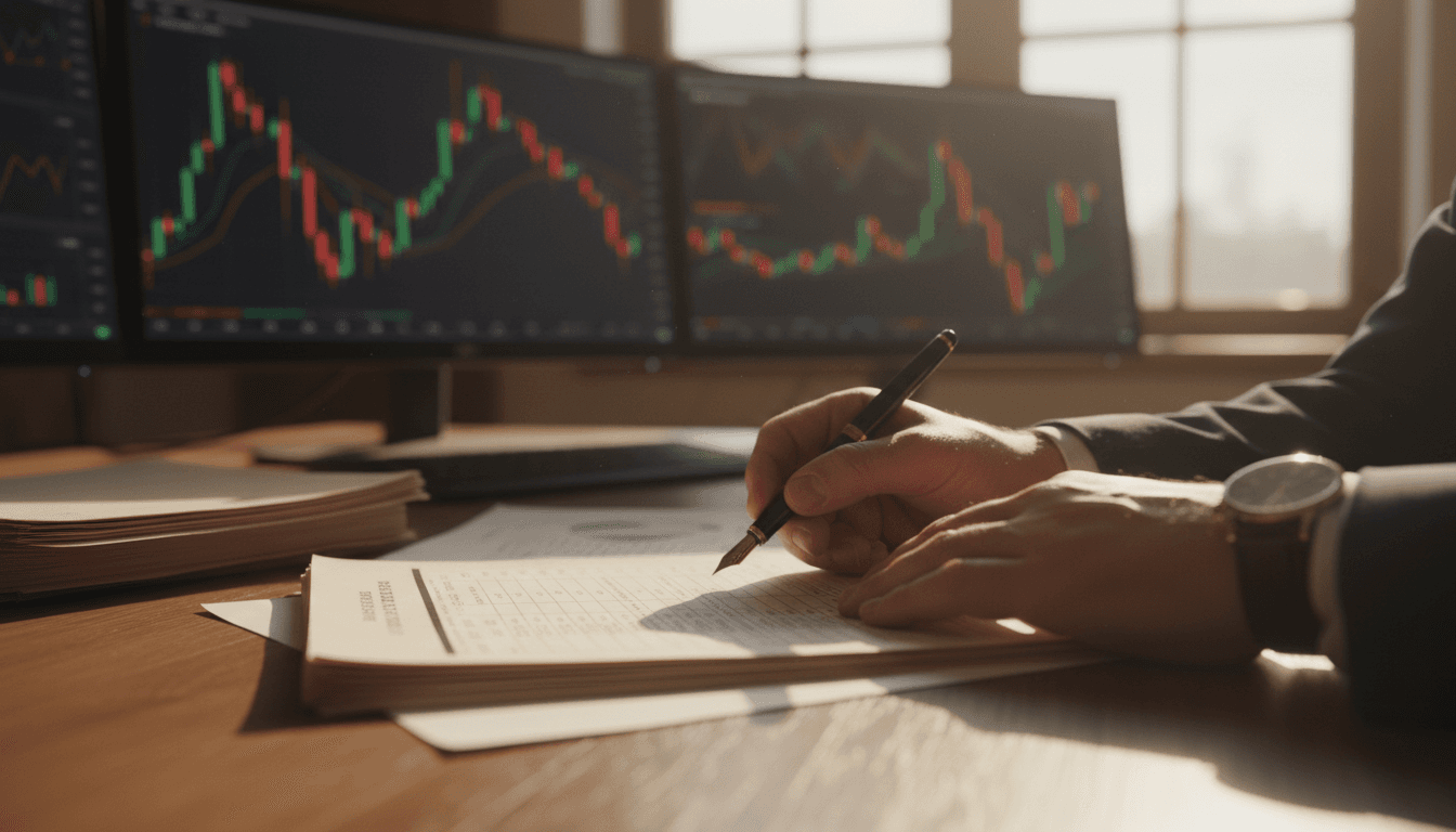 Trader reviewing trading records and financial documents