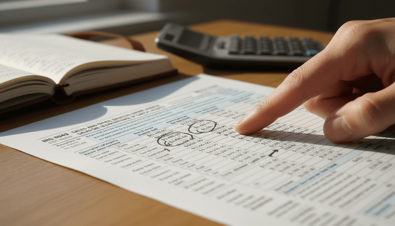 Trader-specific tax form with hand pointing to trading activity details