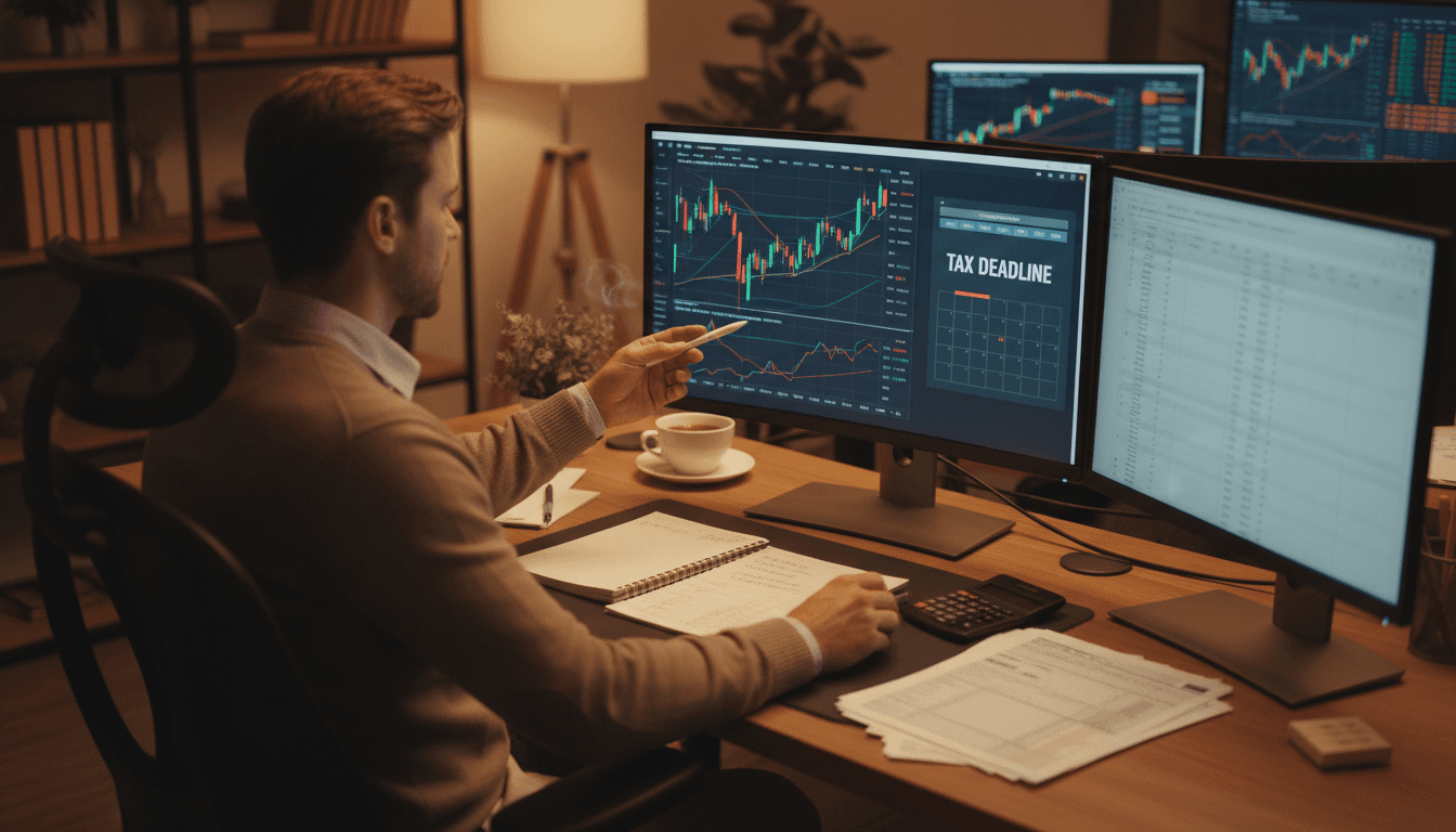 Person reviewing trading data and tax documentation together at desk