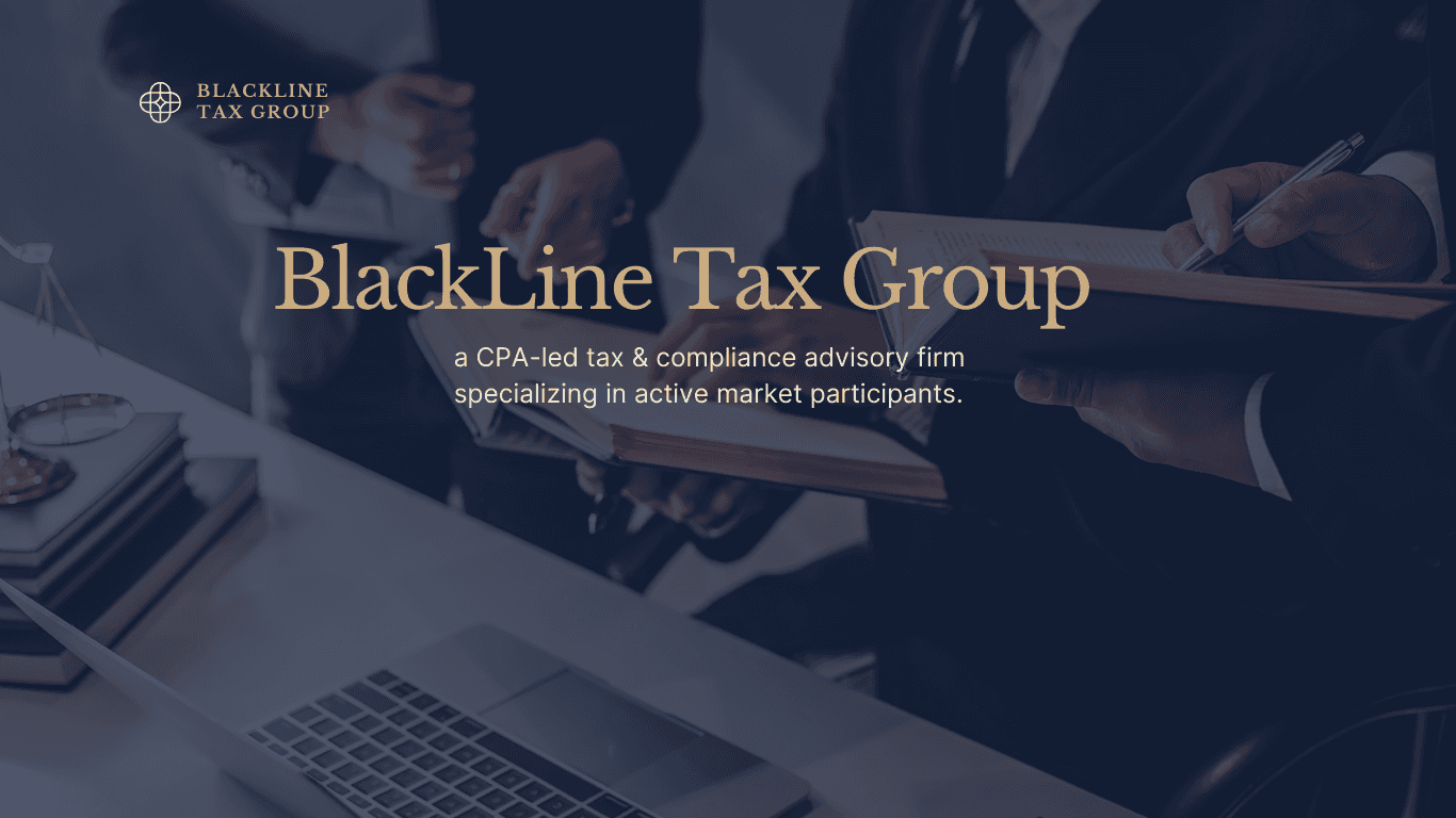 BlackLine Tax Group logo, professionals reviewing documents at a desk with laptop and scales.